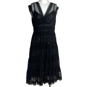 MAX STUDIO BLACK LACE &‎ SEQUIN CAP SLEEVE FIT & FLARE SHEER DRESS